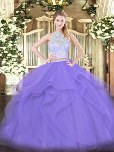 Lavender Scoop Neckline Lace and Ruffles Quinceanera Gowns Sleeveless Zipper