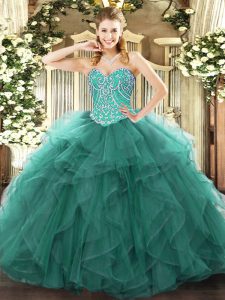 Low Price Turquoise Lace Up Sweetheart Beading and Ruffles 15 Quinceanera Dress Tulle Sleeveless