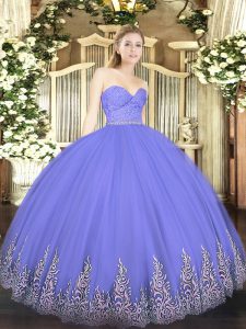 Lavender Tulle Zipper Sweetheart Sleeveless Floor Length Quinceanera Gowns Beading and Lace and Appliques