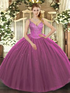 Shining V-neck Sleeveless Tulle Quinceanera Dresses Beading Lace Up