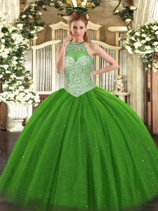 Ideal Sleeveless Floor Length Beading Lace Up Quince Ball Gowns with Green