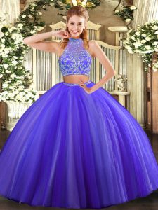 Dynamic Purple Two Pieces Tulle Halter Top Sleeveless Beading Floor Length Criss Cross Quinceanera Dresses
