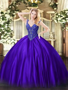 Purple Sleeveless Satin Lace Up Vestidos de Quinceanera for Military Ball and Sweet 16 and Quinceanera