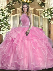 Perfect Sleeveless Lace Up Floor Length Beading and Ruffles Sweet 16 Dress