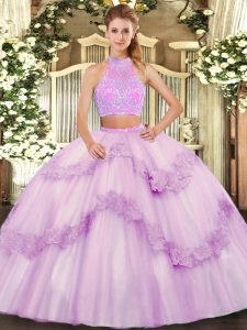 Lilac Two Pieces Beading and Appliques and Ruffles Quinceanera Dresses Criss Cross Tulle Sleeveless Floor Length