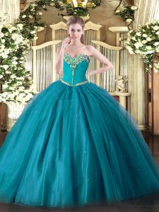 Beading Quinceanera Dresses Teal Lace Up Sleeveless Floor Length