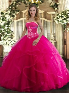 Hot Pink Strapless Neckline Beading and Ruffles Sweet 16 Dresses Sleeveless Lace Up