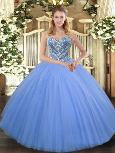 Baby Blue Ball Gowns Sweetheart Sleeveless Tulle Floor Length Lace Up Beading Quinceanera Gown