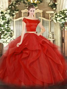 Gorgeous Red Tulle Zipper Sweet 16 Dresses Short Sleeves Floor Length Appliques and Ruffles