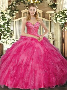 Hot Pink Tulle Lace Up V-neck Sleeveless Floor Length Quinceanera Gown Beading and Ruffles