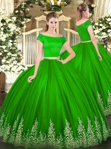 Dazzling Green Two Pieces Tulle Off The Shoulder Short Sleeves Appliques Floor Length Zipper Sweet 16 Quinceanera Dress