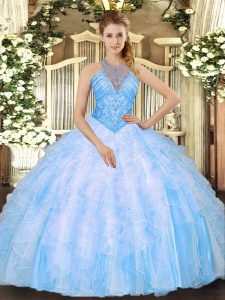 Stylish Baby Blue Ball Gowns High-neck Sleeveless Organza Floor Length Lace Up Beading and Ruffles Sweet 16 Dresses