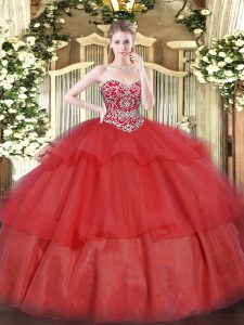 Sleeveless Floor Length Beading and Ruffled Layers Lace Up 15th Birthday Dress with Red