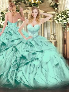 Spectacular Sleeveless Organza Floor Length Lace Up Sweet 16 Dress in Turquoise with Beading and Ruffles