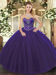 Purple Ball Gowns Beading Sweet 16 Dresses Lace Up Tulle Sleeveless Floor Length
