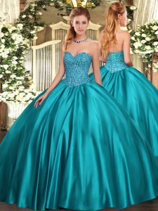 Customized Teal Ball Gowns Sweetheart Sleeveless Satin Floor Length Lace Up Beading Quince Ball Gowns
