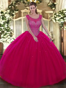 Affordable Beading Ball Gown Prom Dress Hot Pink Backless Sleeveless Floor Length
