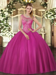 Fuchsia Sweet 16 Dresses Sweet 16 and Quinceanera with Beading Scoop Sleeveless Lace Up