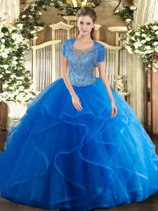 Royal Blue Ball Gowns Tulle Scoop Sleeveless Beading and Ruffles Floor Length Clasp Handle 15 Quinceanera Dress