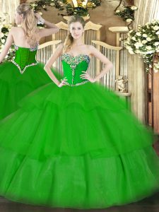 Green Ball Gowns Beading and Ruffled Layers Vestidos de Quinceanera Lace Up Tulle Sleeveless Floor Length