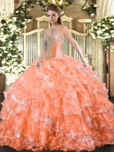 Discount Floor Length Lace Up Vestidos de Quinceanera Orange Red for Military Ball and Sweet 16 and Quinceanera with Beading and Ruffled Layers