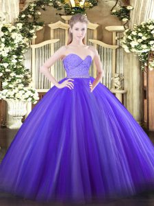 Tulle Sweetheart Sleeveless Zipper Beading and Lace Ball Gown Prom Dress in Lavender