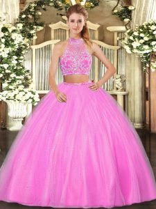 Superior Floor Length Hot Pink Sweet 16 Dress Halter Top Sleeveless Criss Cross