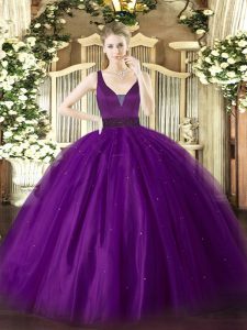 Excellent Floor Length Purple Quinceanera Gowns Tulle Sleeveless Beading