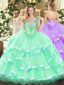 Most Popular V-neck Sleeveless Lace Up Sweet 16 Quinceanera Dress Apple Green Organza
