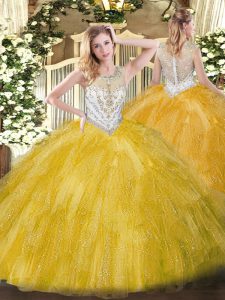 Gold Sleeveless Tulle Zipper Sweet 16 Quinceanera Dress for Military Ball and Sweet 16 and Quinceanera