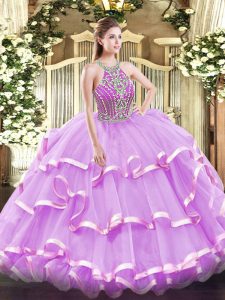 Lilac Tulle Lace Up Quince Ball Gowns Sleeveless Floor Length Beading and Ruffled Layers