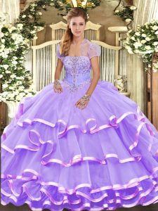 Lavender Lace Up Sweet 16 Quinceanera Dress Beading and Ruffled Layers Sleeveless Floor Length