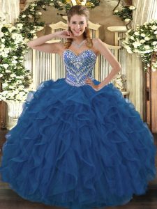 Blue Sweetheart Lace Up Beading and Ruffled Layers Quinceanera Dress Sleeveless