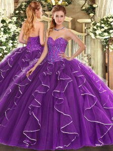 Comfortable Beading and Ruffles Quince Ball Gowns Purple Lace Up Sleeveless Floor Length