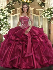 Vintage Red Sleeveless Organza Lace Up Sweet 16 Quinceanera Dress for Military Ball and Sweet 16 and Quinceanera