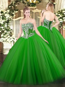 Wonderful Sleeveless Tulle Floor Length Lace Up 15 Quinceanera Dress in Green with Beading