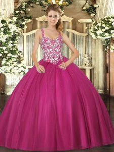 Charming Tulle Straps Sleeveless Lace Up Beading and Appliques Ball Gown Prom Dress in Fuchsia