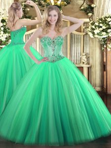 Turquoise Tulle Lace Up Sweetheart Sleeveless Floor Length Sweet 16 Dress Beading