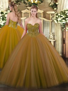 Brown Tulle Lace Up Vestidos de Quinceanera Sleeveless Floor Length Beading