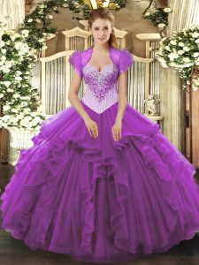 High Class Sleeveless Tulle Floor Length Lace Up Quinceanera Dress in Eggplant Purple with Beading