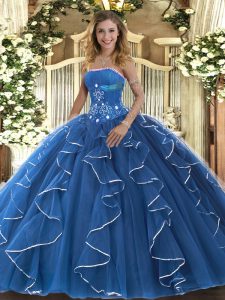 Colorful Blue Lace Up Strapless Beading and Ruffles 15th Birthday Dress Tulle Sleeveless
