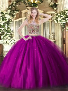 Fuchsia Two Pieces Beading Quinceanera Dress Lace Up Tulle Sleeveless Floor Length