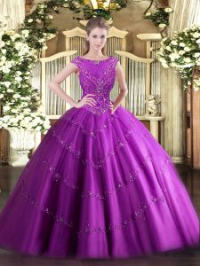 Fuchsia Sleeveless Floor Length Beading and Appliques Zipper Quinceanera Dress