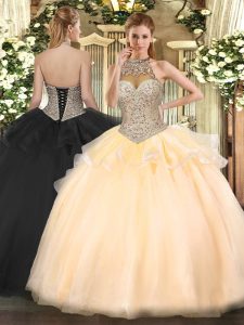Latest Sleeveless Floor Length Beading Lace Up Sweet 16 Quinceanera Dress with Peach