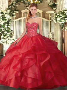 Fashion Red Tulle Lace Up Vestidos de Quinceanera Sleeveless Floor Length Beading and Ruffles