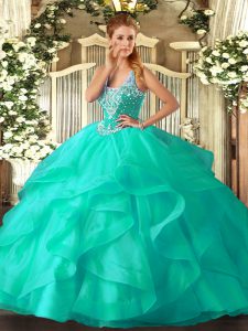 Elegant Turquoise Straps Neckline Beading and Ruffles Sweet 16 Dresses Sleeveless Lace Up