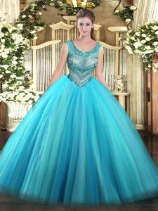 Charming Baby Blue Quinceanera Gown Sweet 16 and Quinceanera with Beading Scoop Sleeveless Lace Up