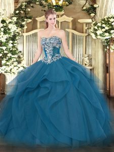 Teal Strapless Lace Up Beading and Ruffles Quinceanera Gown Sleeveless
