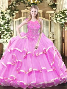 Stunning Lilac Sleeveless Floor Length Beading and Ruffled Layers Zipper Quinceanera Dresses