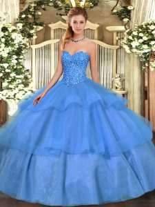 Baby Blue Ball Gowns Beading and Ruffled Layers Sweet 16 Dresses Lace Up Tulle Sleeveless Floor Length